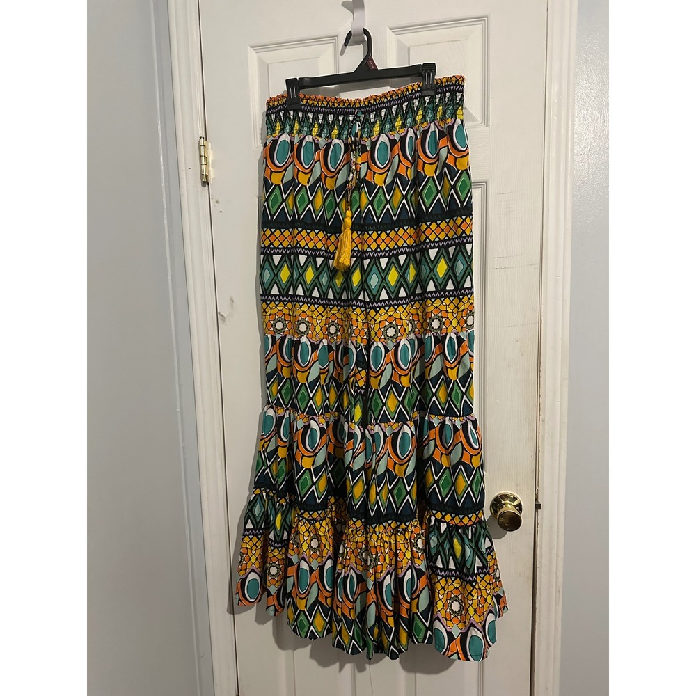 Boho Tiered Geometric Print Wide Leg Palazzo Pants Yellow Green Multi Smocked